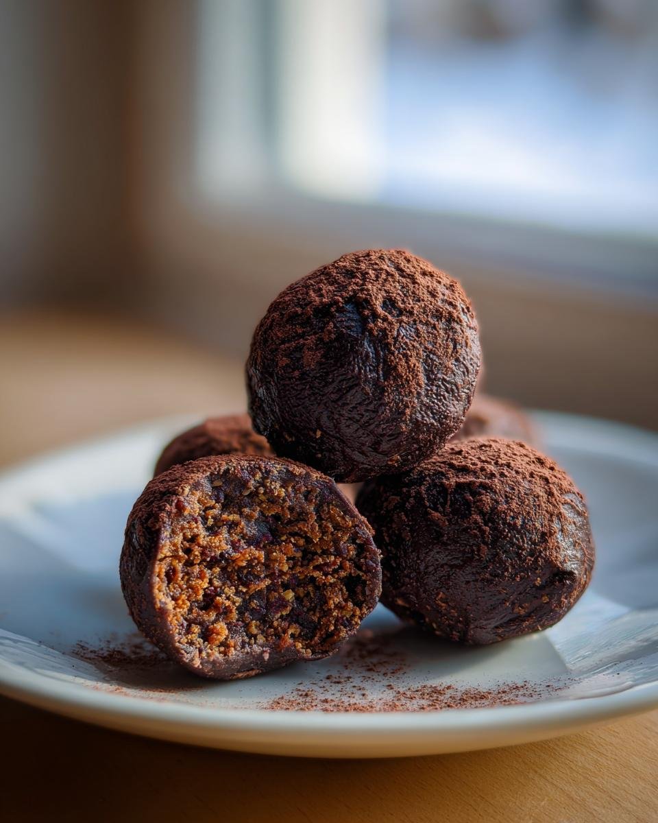 Close-up of rich, dark Christmas Cake Truffles dusted heavily with cocoa powder, one cut in half showing the dense interior.