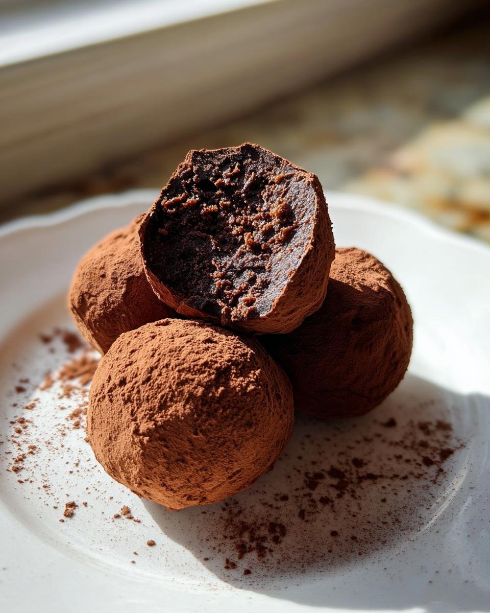A stack of rich, cocoa-dusted Christmas Cake Truffles, with one cut open showing the dense chocolate interior.