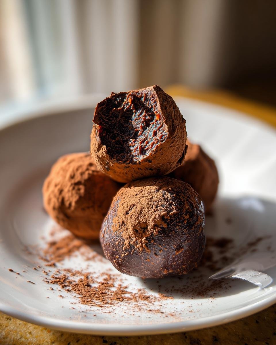 A stack of rich, cocoa-dusted Christmas Cake Truffles on a white plate, one bitten open.