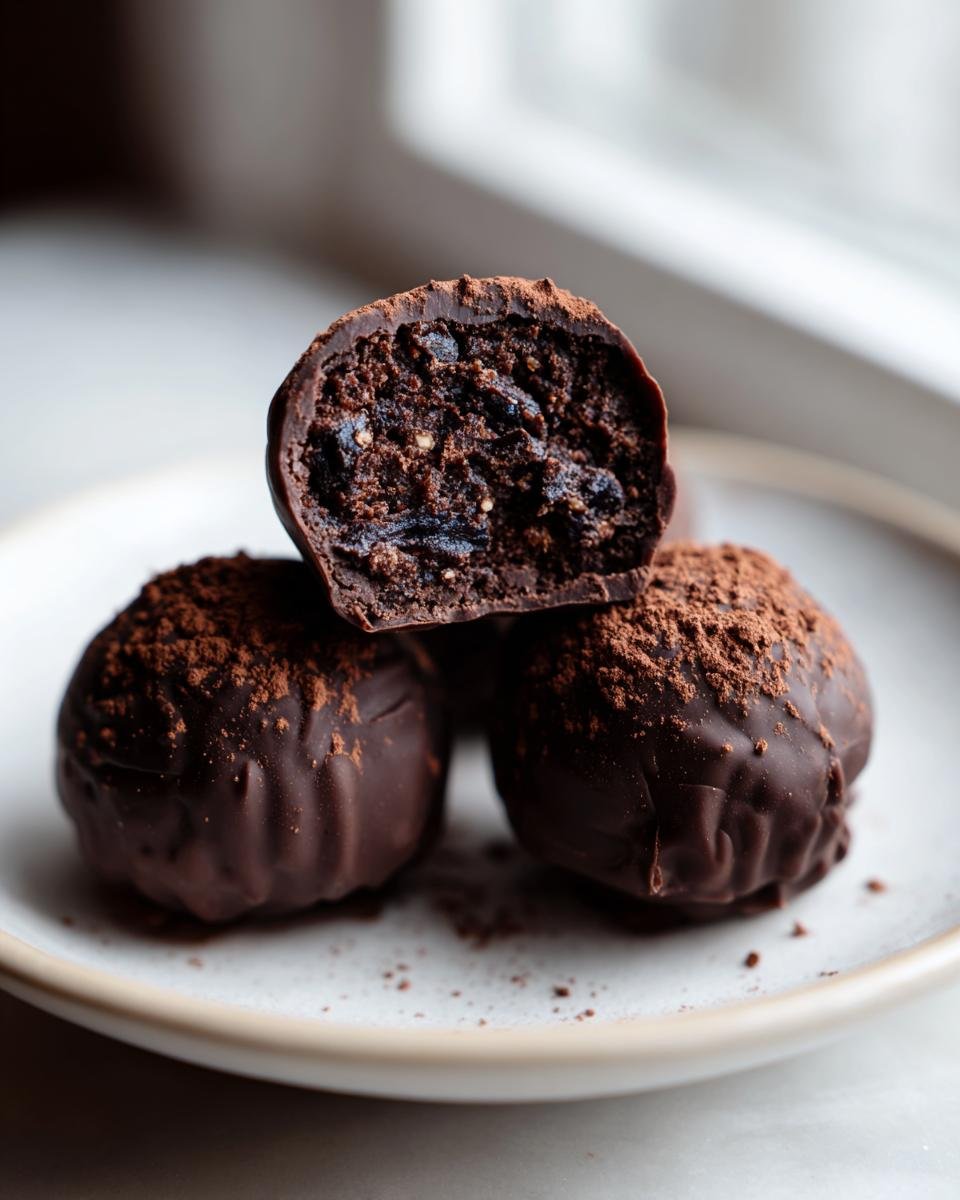 Three dark chocolate Christmas Cake Truffles on a plate, one cut in half showing the rich, fruity interior.