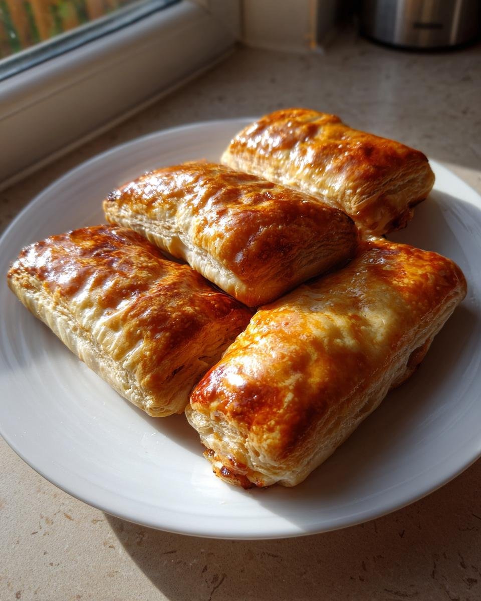 Four golden brown, flaky Christmas Sausage Rolls resting on a white plate near a window.