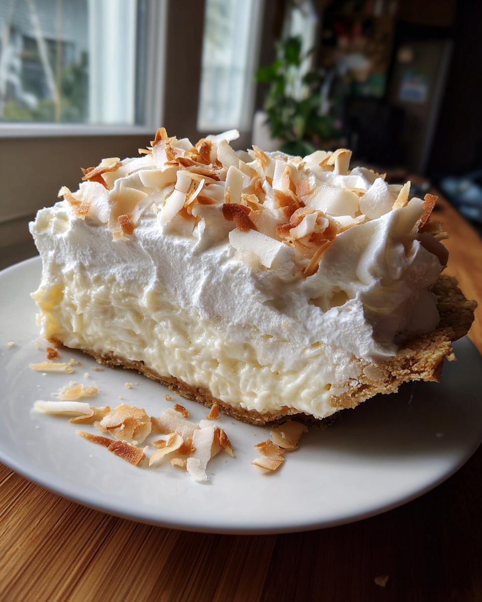 A thick slice of Coconut Cream Pie featuring a creamy filling, whipped topping, and toasted coconut flakes.