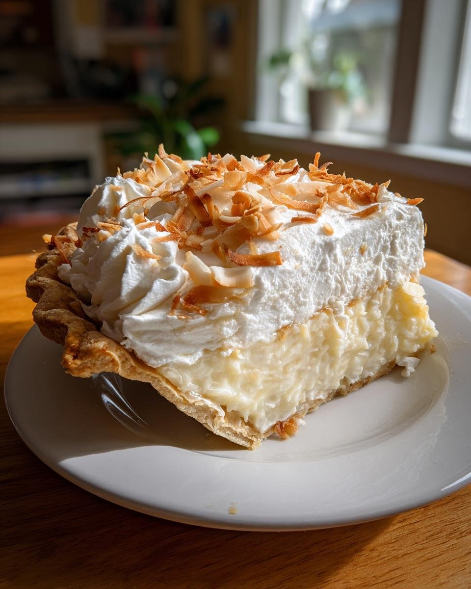 A generous slice of Coconut Cream Pie featuring a thick custard filling, whipped cream, and toasted coconut flakes on top.