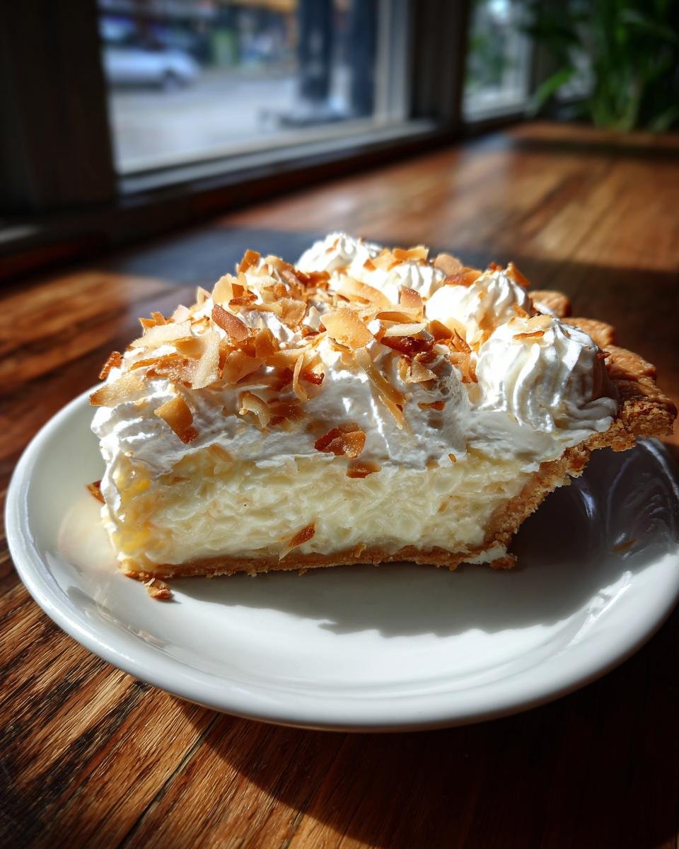 A perfect slice of Coconut Cream Pie topped with whipped cream and toasted coconut flakes on a white plate.