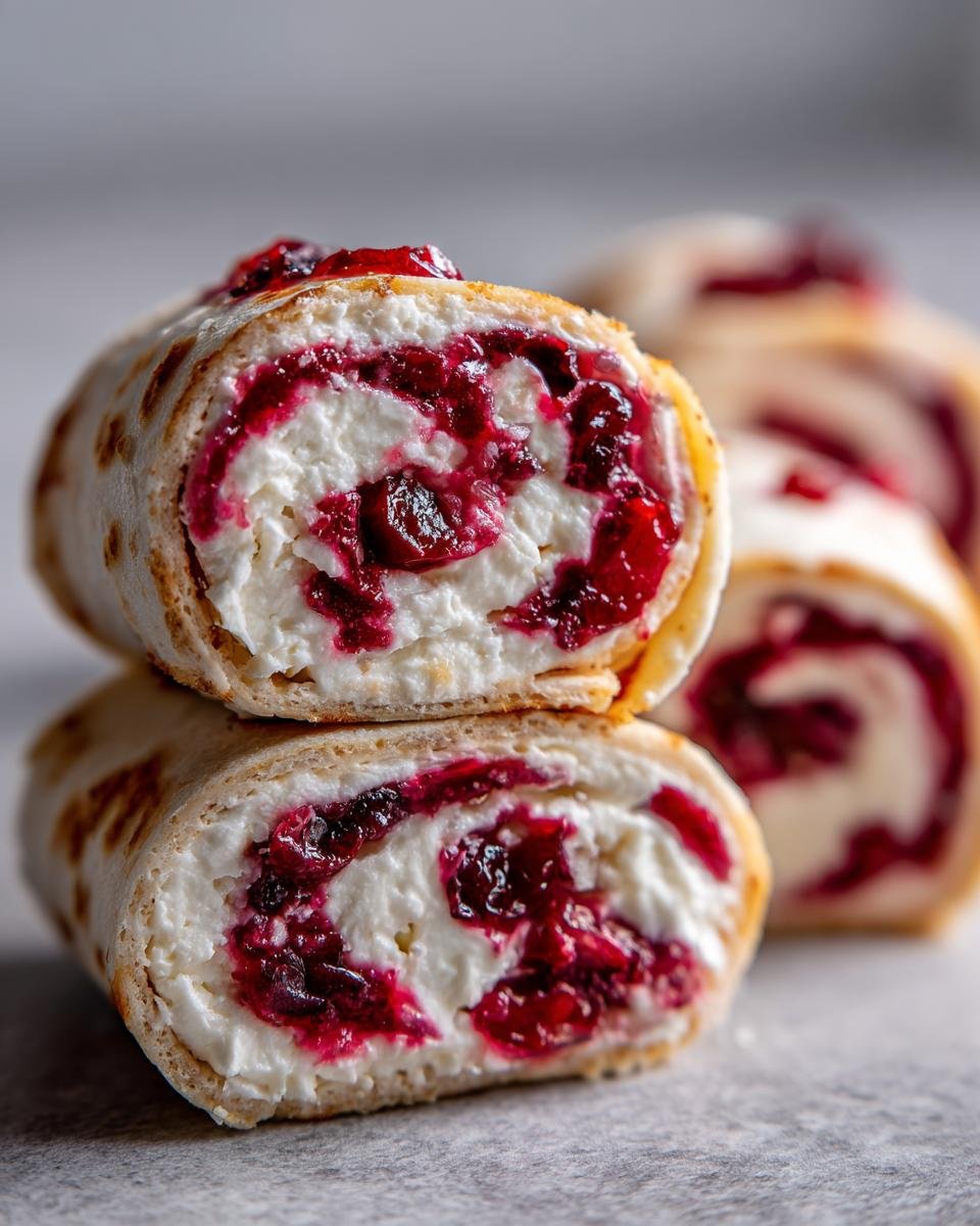 Two halves of Cranberry Roll Ups stacked, showing the creamy white filling swirled with bright red cranberry sauce.