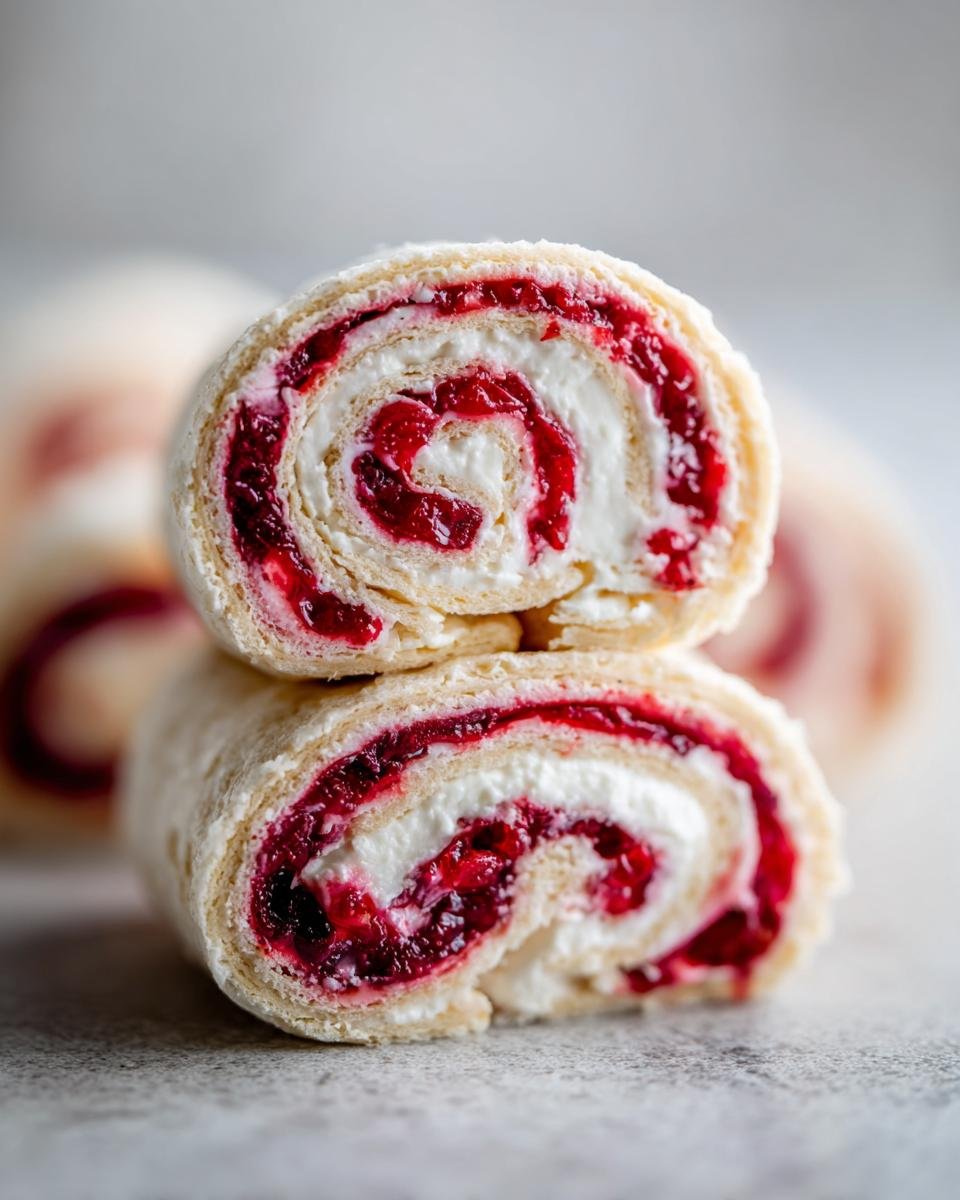Two stacked slices showing the swirl of cream cheese and cranberry filling in Cranberry Roll Ups.