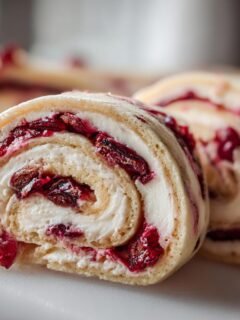 Close-up of three slices of Cranberry Roll Ups showing a swirl of white cream cheese filling and dark red cranberry pieces.