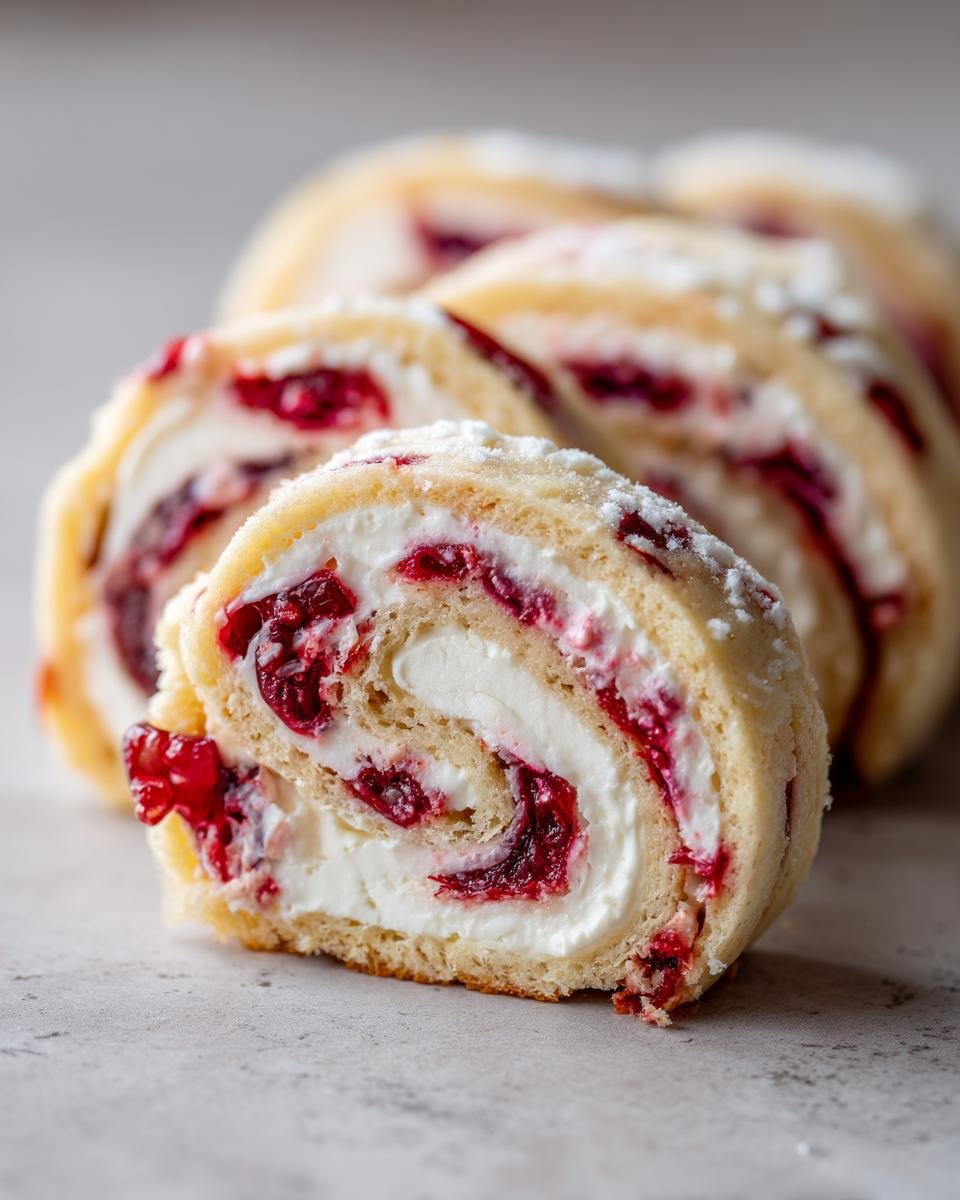 A close-up of sliced Cranberry Roll Ups showing a swirl of white cream filling and bright red cranberry pieces inside a light sponge cake.
