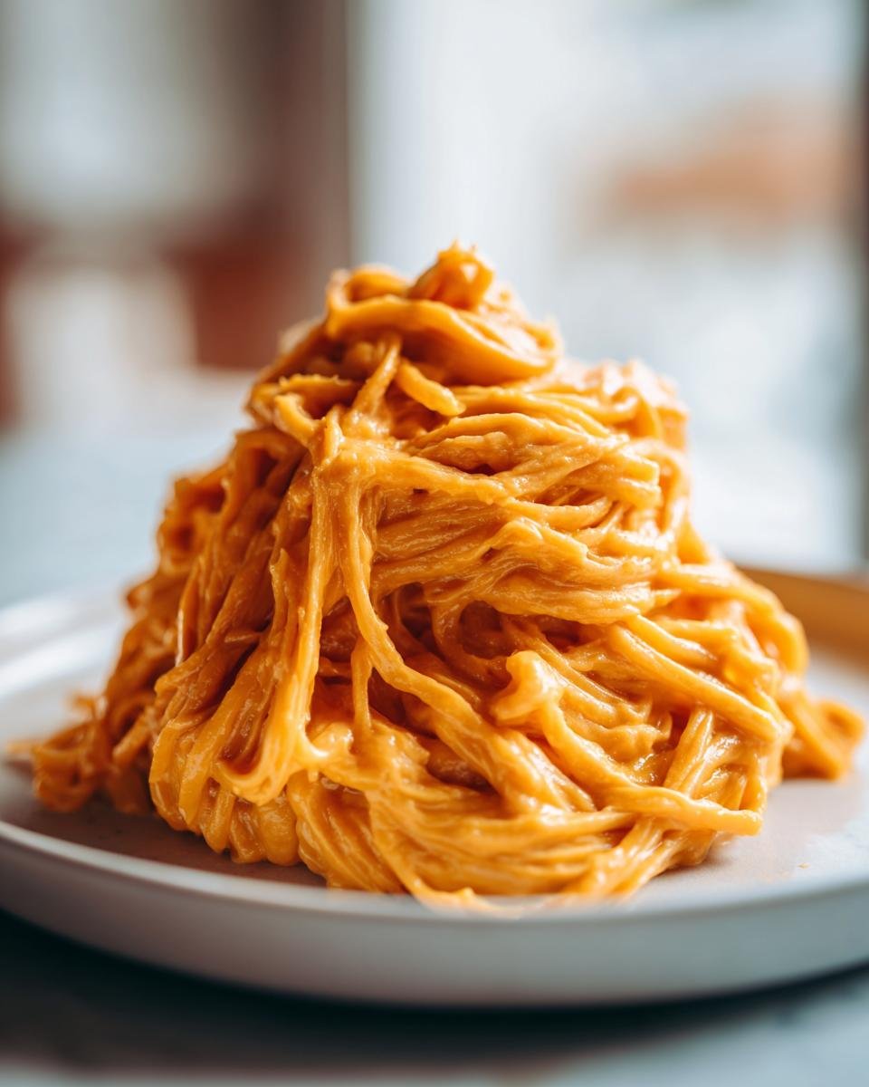 A close-up of a mound of creamy, orange Butternut Squash Pasta coated in a rich sauce.