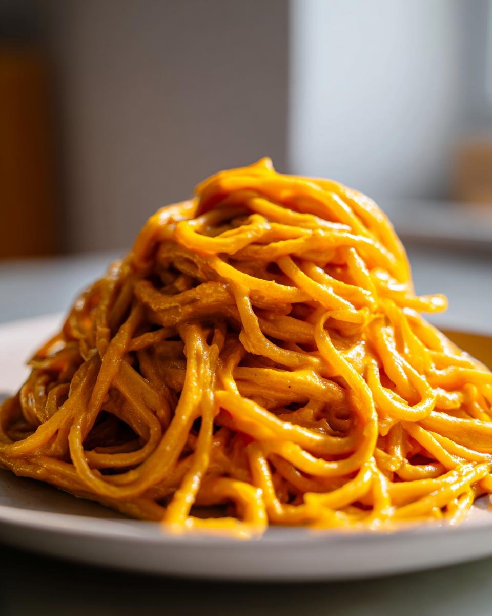 A close-up, appetizing mound of spaghetti coated in a rich, orange Butternut Squash Pasta sauce.