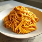 A close-up of a mound of spaghetti coated in rich, orange Butternut Squash Pasta sauce on a white plate.