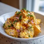 A close-up of rich, creamy Cajun Potato Salad mixed with red onion and topped with parsley and paprika.