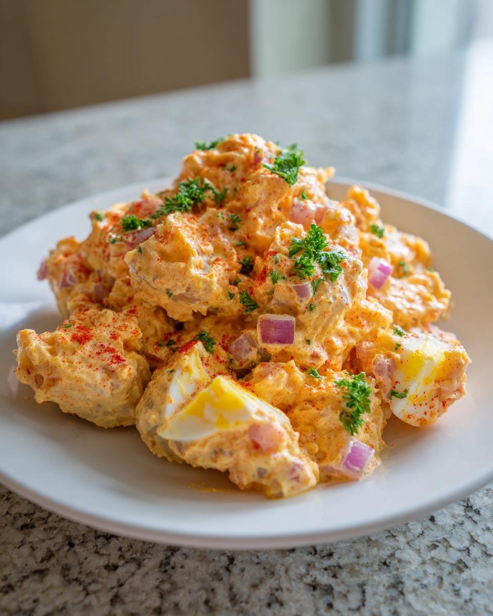 A mound of creamy, orange-hued Cajun Potato Salad mixed with chopped red onion and visible slices of hard-boiled egg.