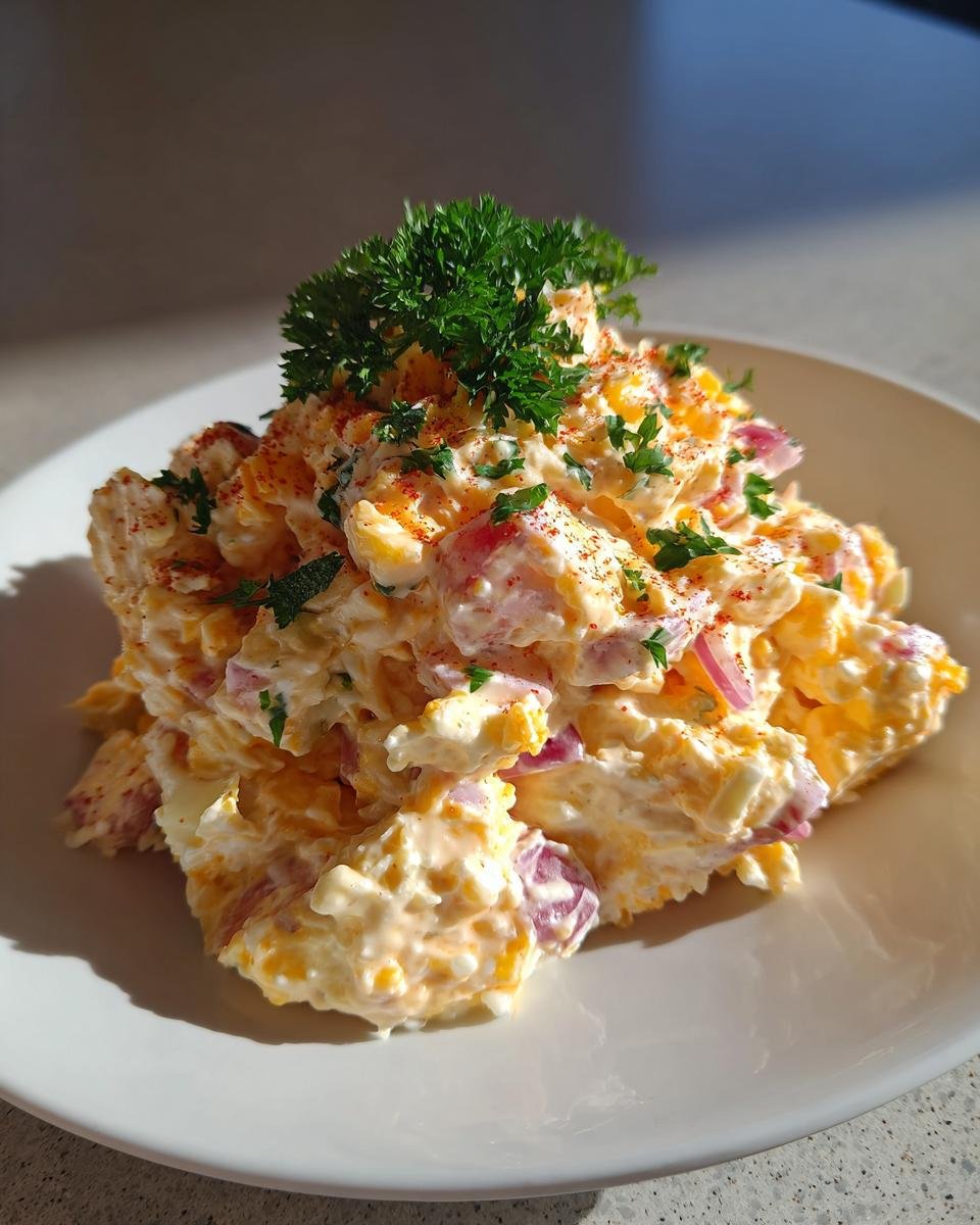 A generous serving of creamy Cajun Potato Salad, mixed with chunks of red onion and topped with fresh parsley and paprika.