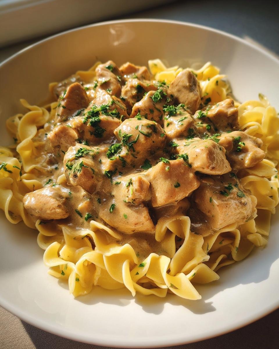 Close-up of a bowl of Chicken Stroganoff with tender chicken pieces in a creamy sauce over wide egg noodles, garnished with parsley.
