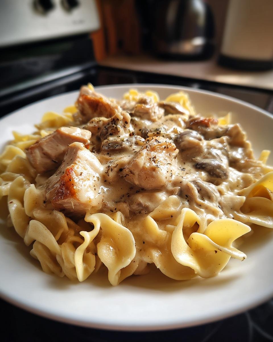 A close-up of creamy Chicken Stroganoff featuring seared chicken pieces and mushrooms over wide egg noodles.