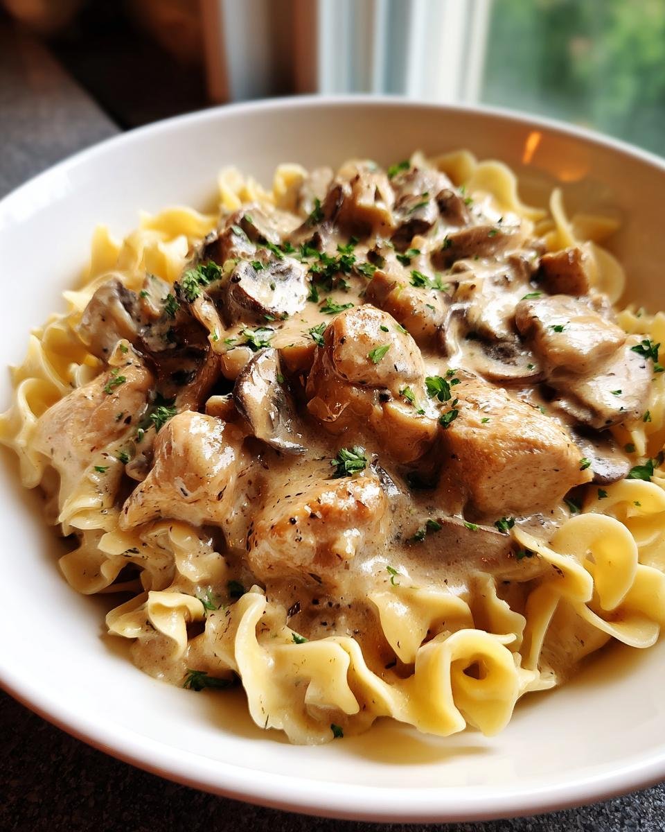 Close-up of a white bowl filled with creamy Chicken Stroganoff served over wide egg noodles and garnished with parsley.