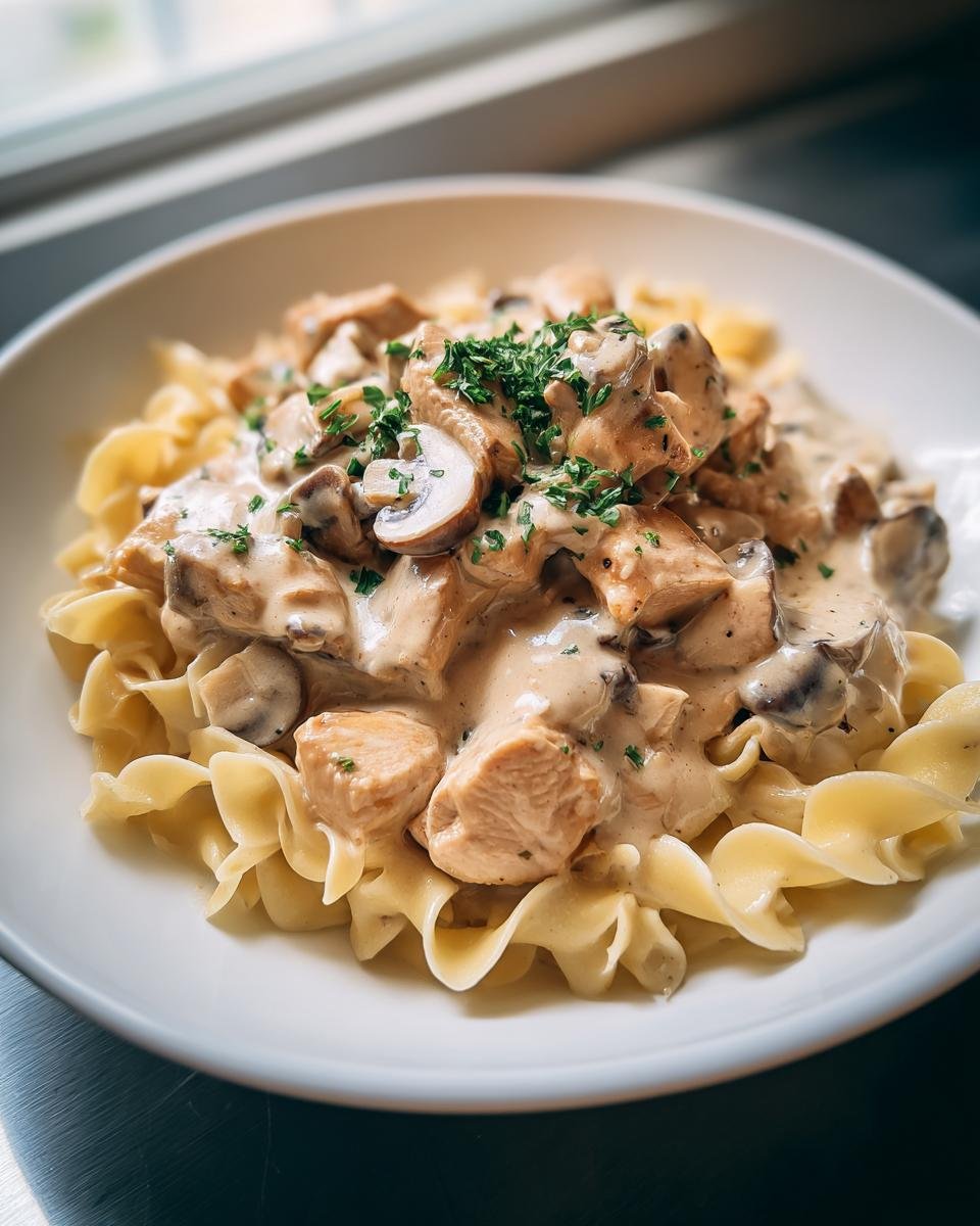 A close-up of creamy Chicken Stroganoff with mushrooms and chicken chunks served over wide egg noodles, garnished with parsley.