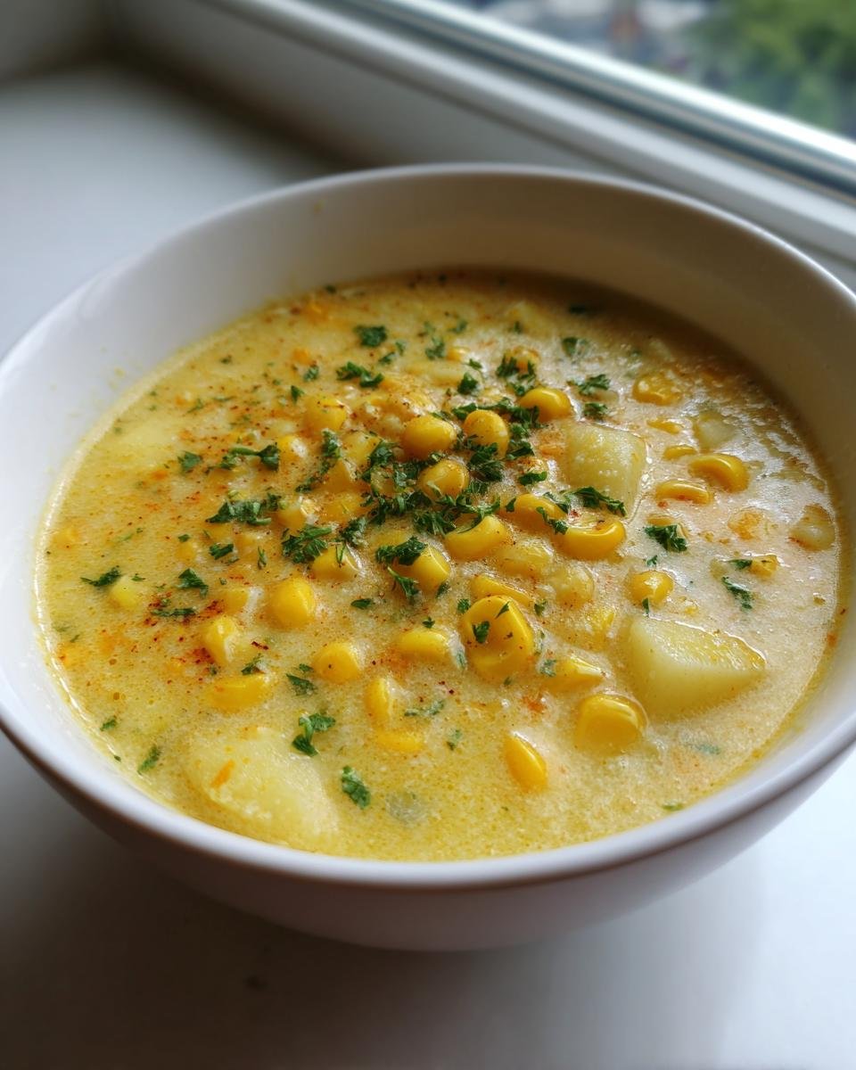A close-up of a white bowl filled with creamy, yellow Corn Chowder, topped with corn kernels, potato chunks, and fresh parsley.