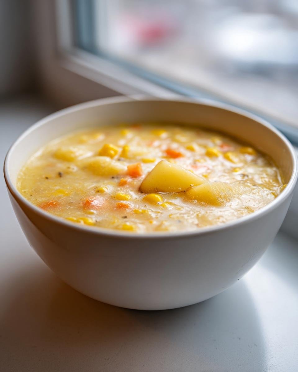 Close-up of a white bowl filled with creamy Corn Chowder featuring visible chunks of potato, corn, and carrots.