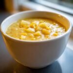 Close-up of a white bowl filled with creamy, yellow Corn Chowder featuring visible chunks of potato and corn kernels.