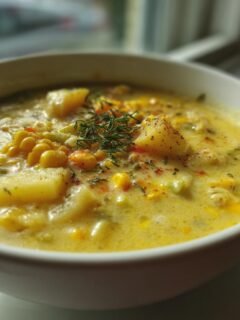 Close-up of a hearty bowl of creamy yellow Corn Chowder filled with corn kernels and potato chunks, garnished with herbs.