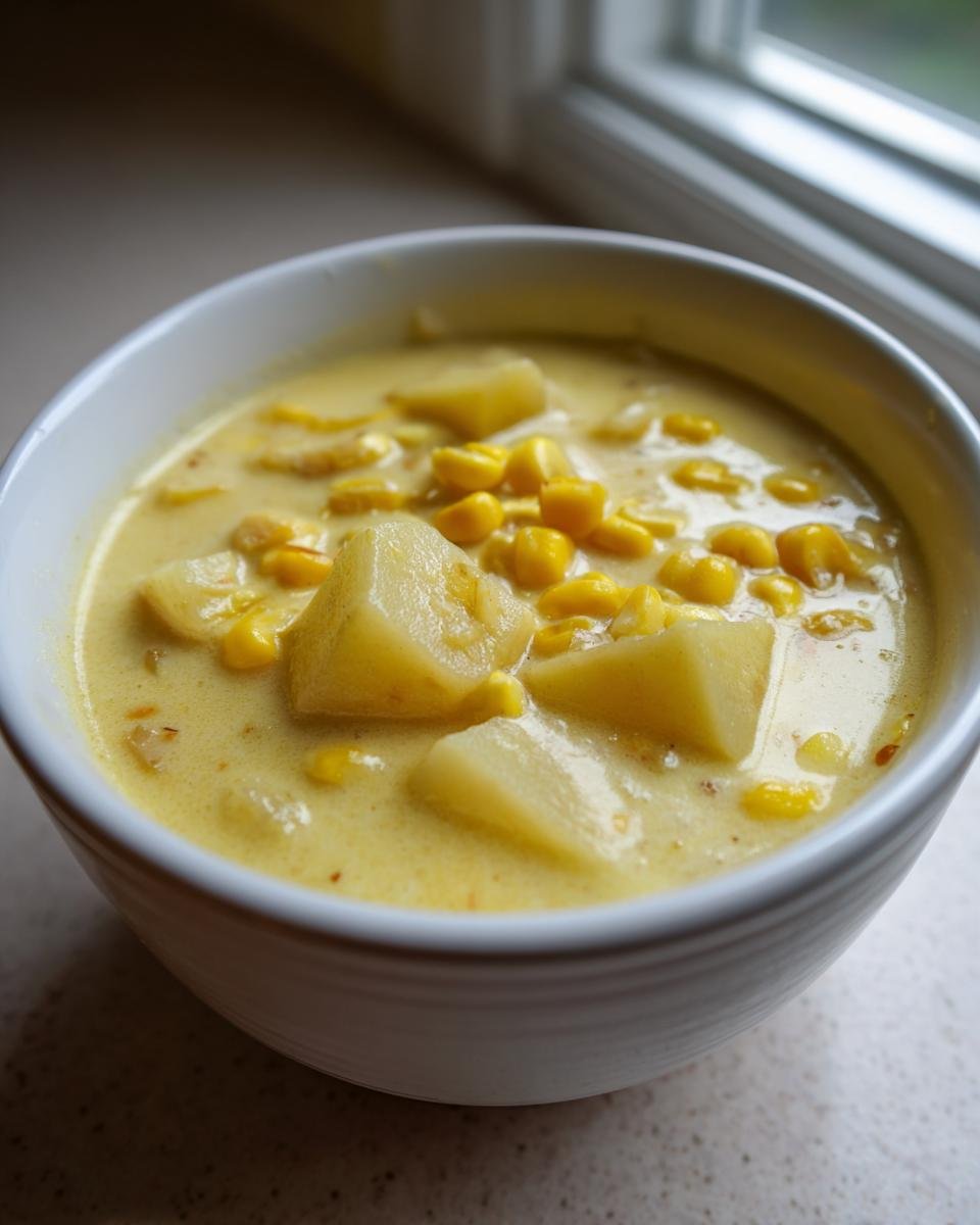 A close-up of a white bowl filled with creamy yellow Corn Chowder featuring visible chunks of potato and sweet corn kernels.