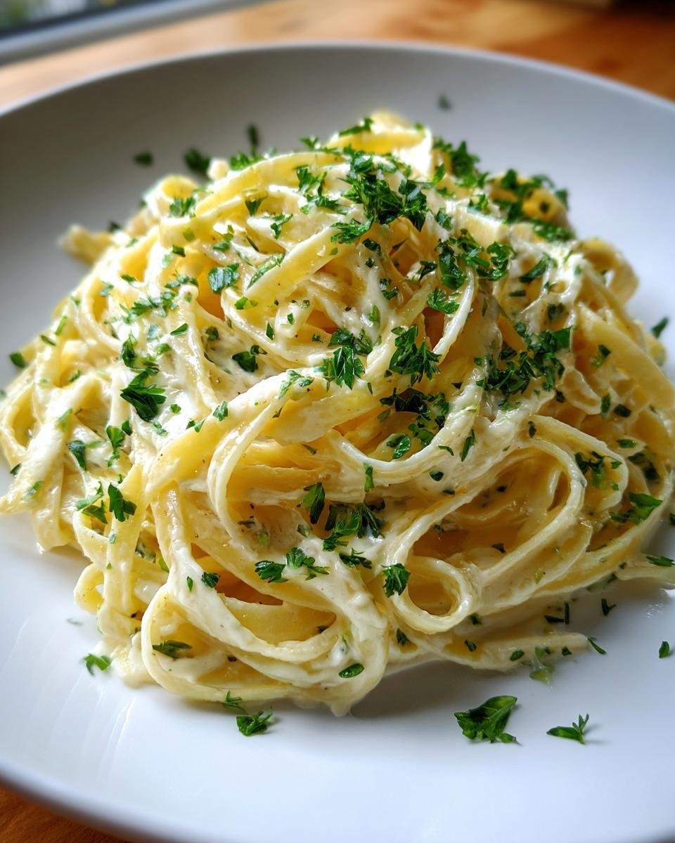 A close-up of creamy Lemon Ricotta Pasta tossed with fettuccine and topped generously with fresh chopped parsley.