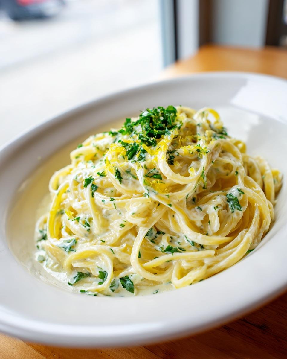 Close-up of creamy Lemon Ricotta Pasta tossed with parsley and topped with bright lemon zest.