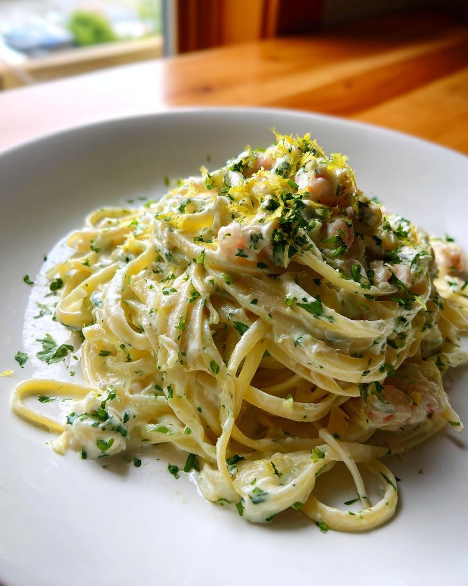 A serving of creamy Lemon Ricotta Pasta tossed with herbs and topped generously with lemon zest.