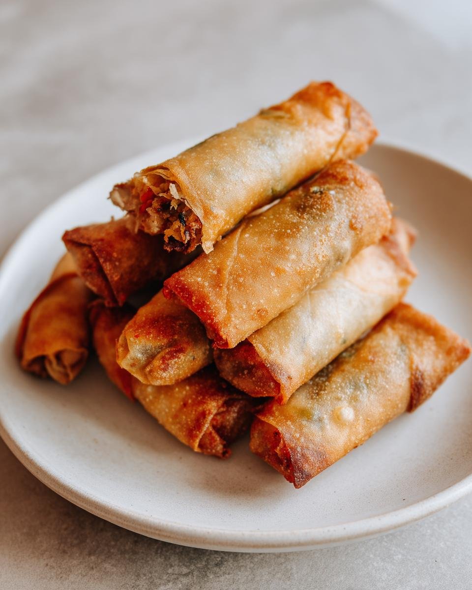 A stack of golden brown, crispy fried Lumpia served on a light ceramic plate, showing the savory filling in one piece.