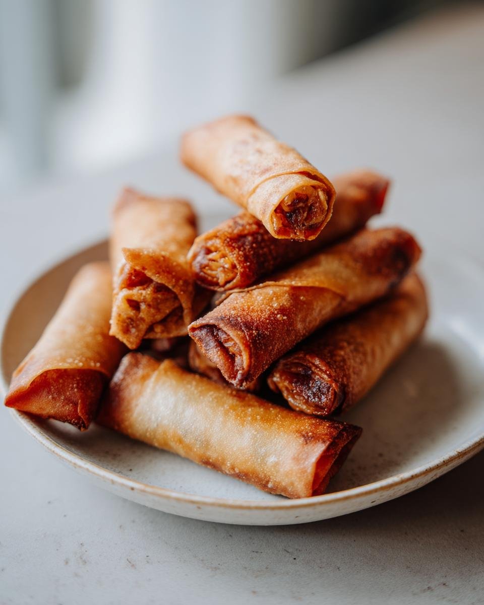 A close-up stack of freshly fried, crispy golden brown Lumpia rolls piled on a light-colored ceramic plate.