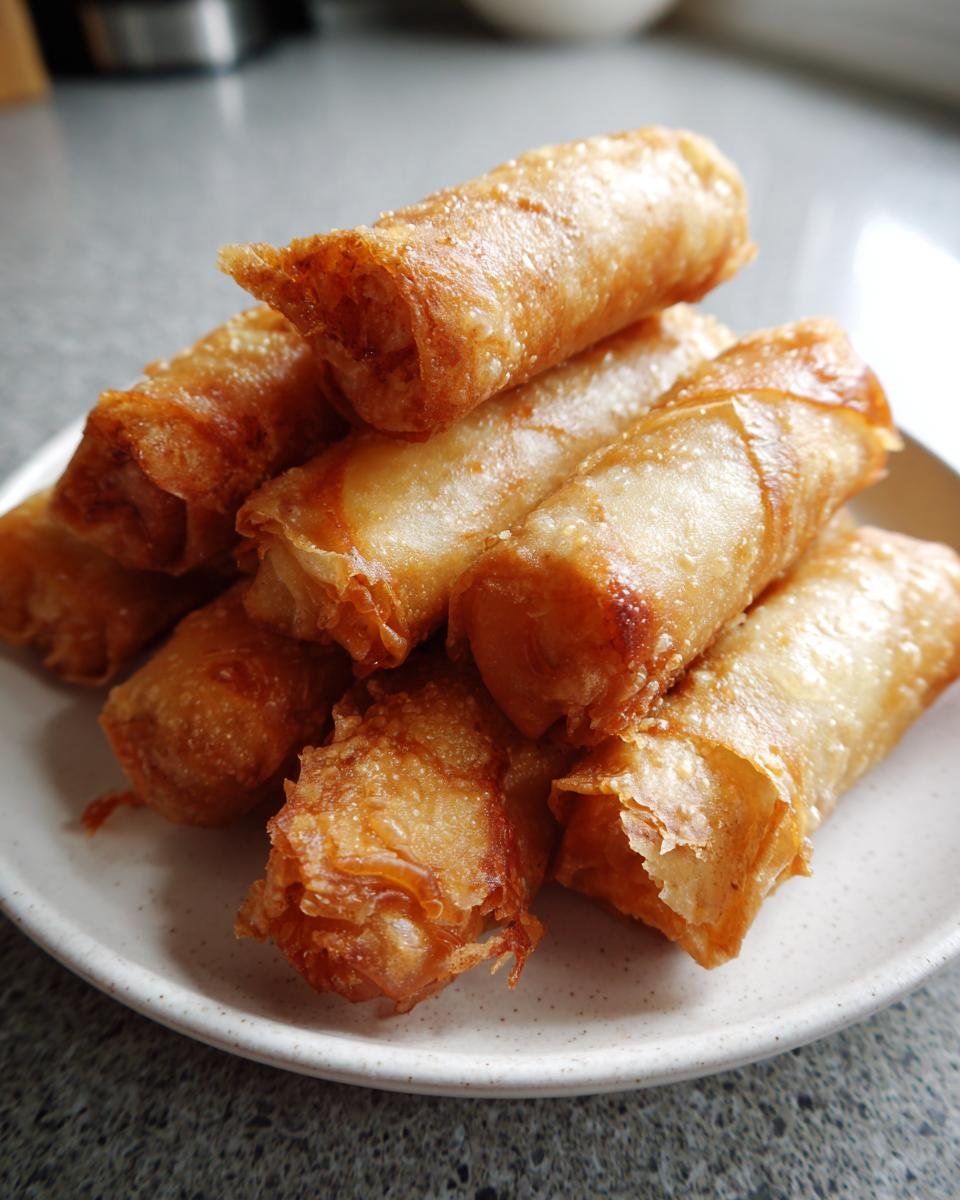 A close-up stack of freshly fried, golden brown Lumpia rolls resting on a speckled white plate.