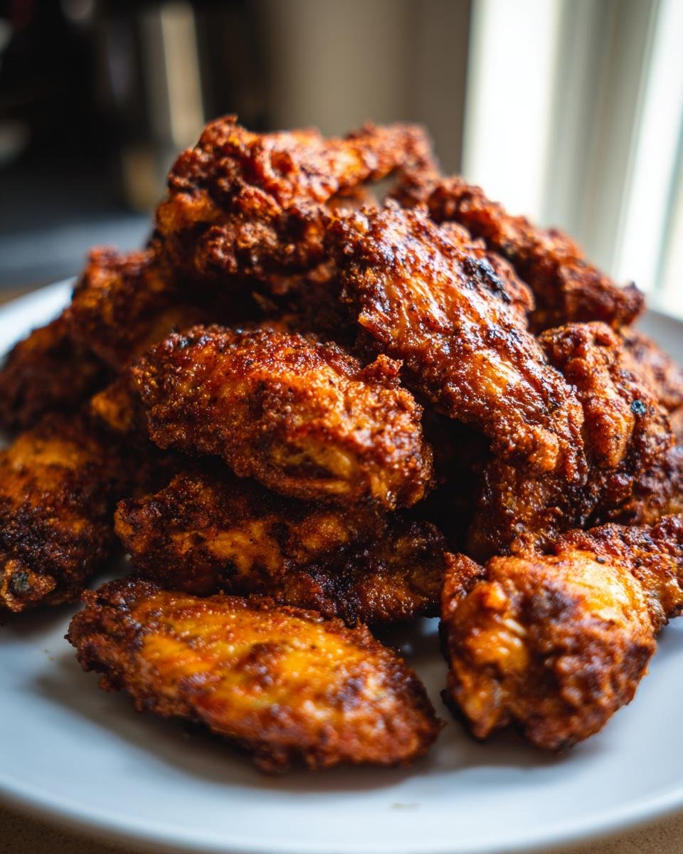 Close-up of a large pile of crispy, seasoned Ranch Chicken Wings stacked high on a white plate.