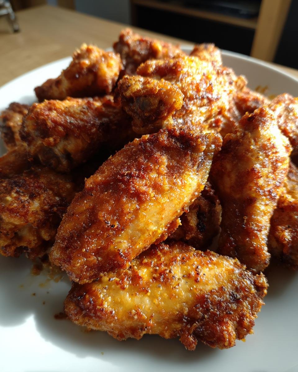 A close-up of a pile of crispy, golden-brown Ranch Chicken Wings seasoned with spices.