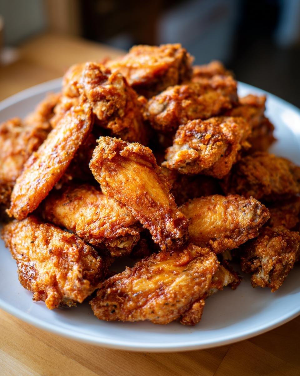 A large pile of golden-brown, crispy Ranch Chicken Wings stacked high on a white serving plate.