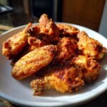 A close-up of crispy, golden-brown Ranch Chicken Wings piled high on a white plate.