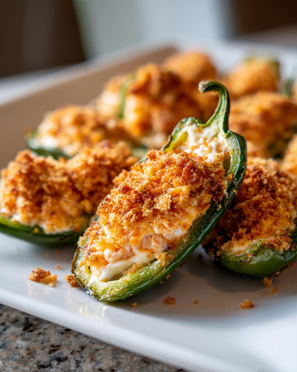 A close-up shot of a freshly baked Seafood Jalapeno Popper, filled with creamy seafood mixture and topped with golden breadcrumbs.