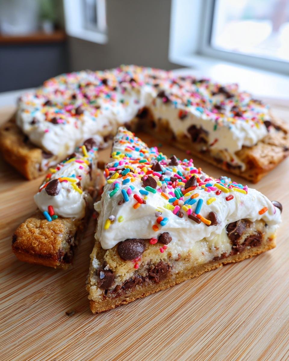 A slice of chocolate chip Dessert Pizza topped with white frosting and colorful sprinkles.
