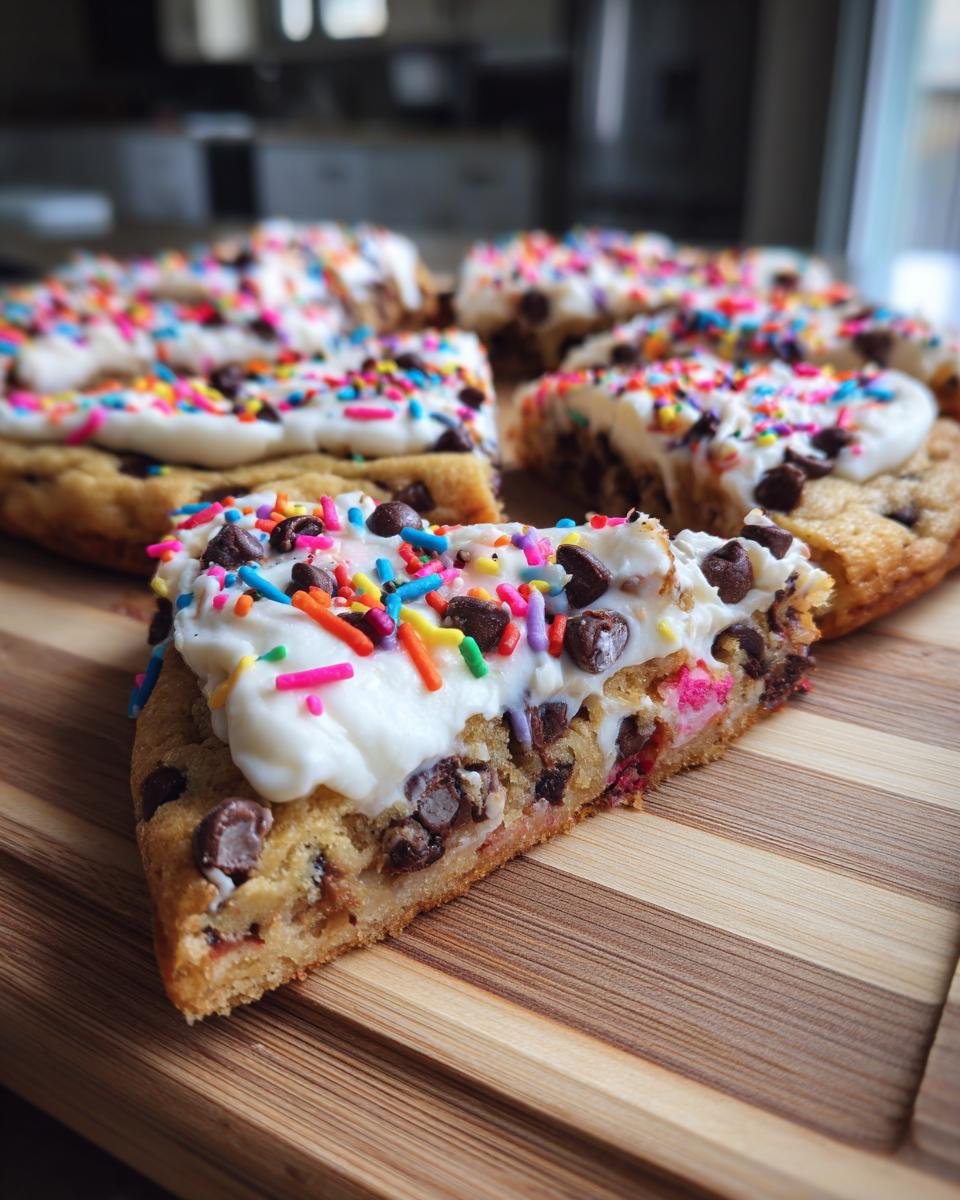 A close-up slice of a chocolate chip cookie Dessert Pizza topped with white frosting and rainbow sprinkles.