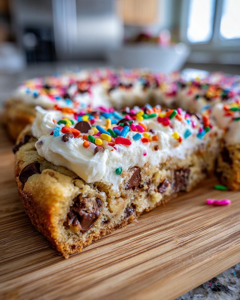 Close-up of a thick slice of chocolate chip cookie Dessert Pizza topped with white frosting and colorful sprinkles.