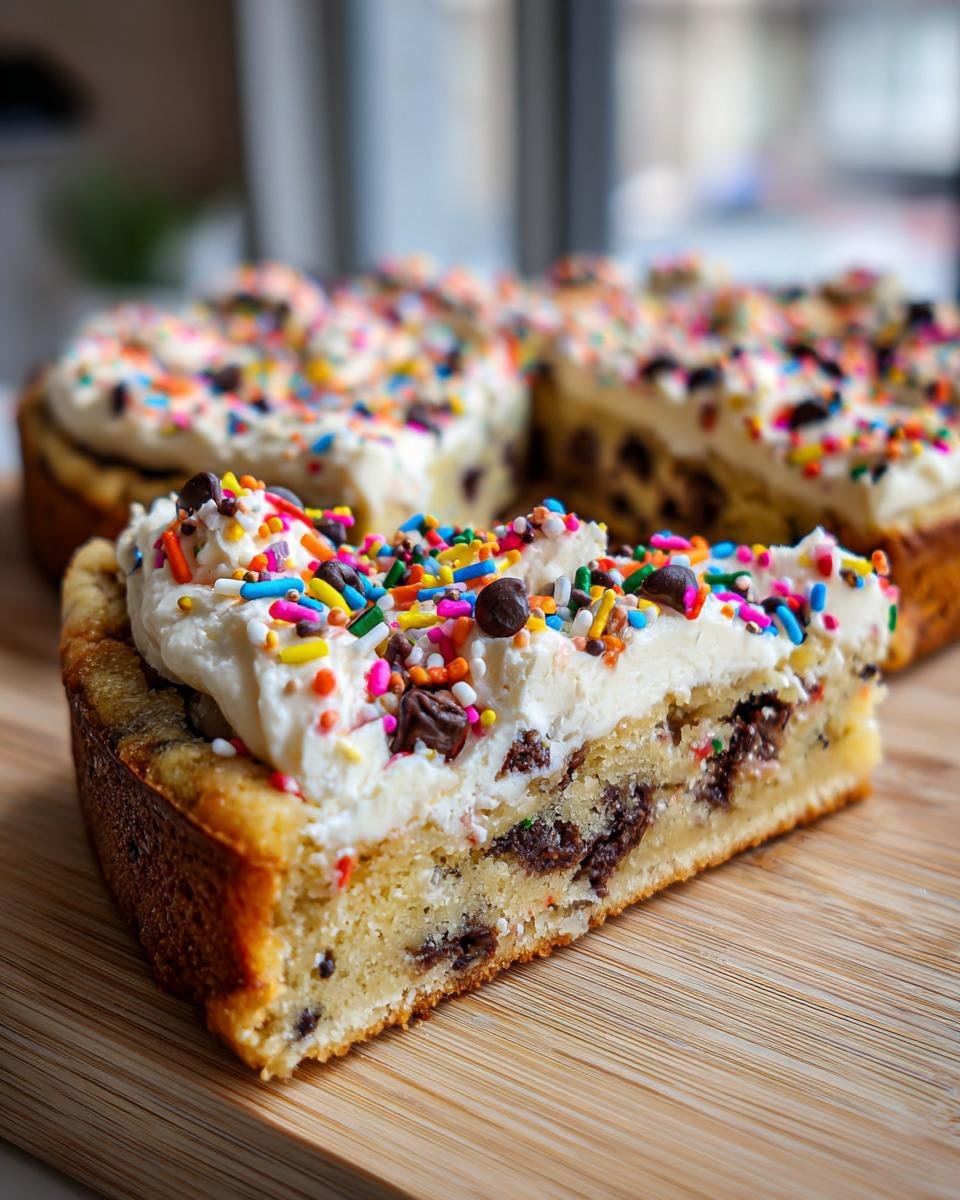 A thick slice of chocolate chip Dessert Pizza topped with white frosting and colorful sprinkles.