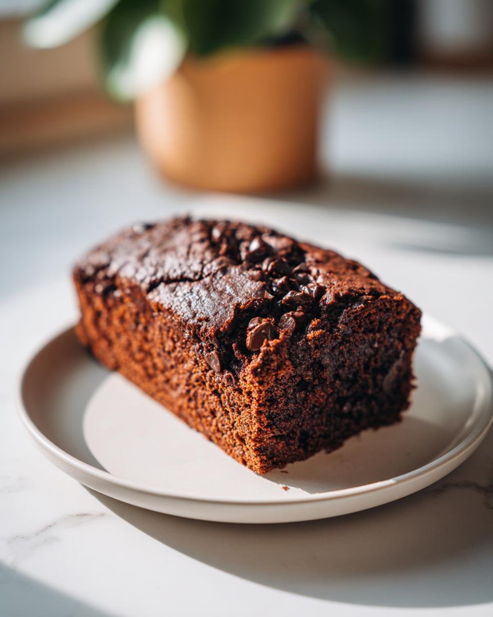 A rich, dark loaf of Double Chocolate Banana Bread topped with melted chocolate chips, resting on a light plate.