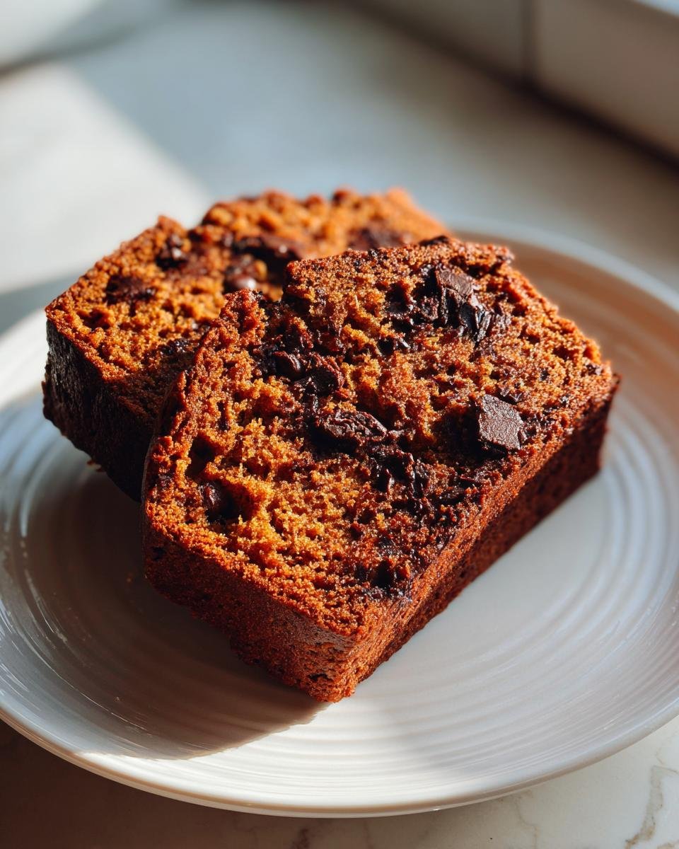 Two moist slices of Double Chocolate Banana Bread loaded with chocolate chips, resting on a white plate.