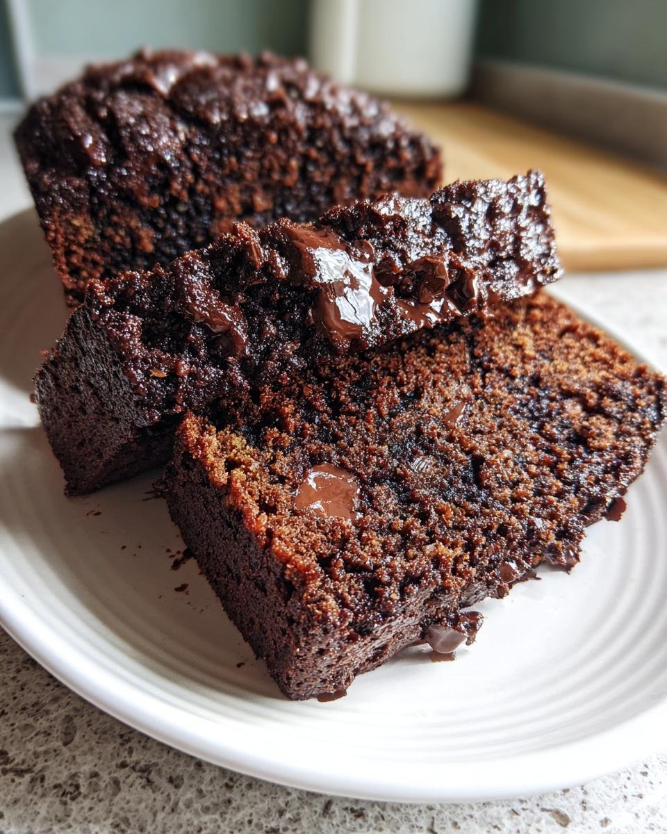 Close-up of moist slices of Double Chocolate Banana Bread with melted chocolate chips on a white plate.