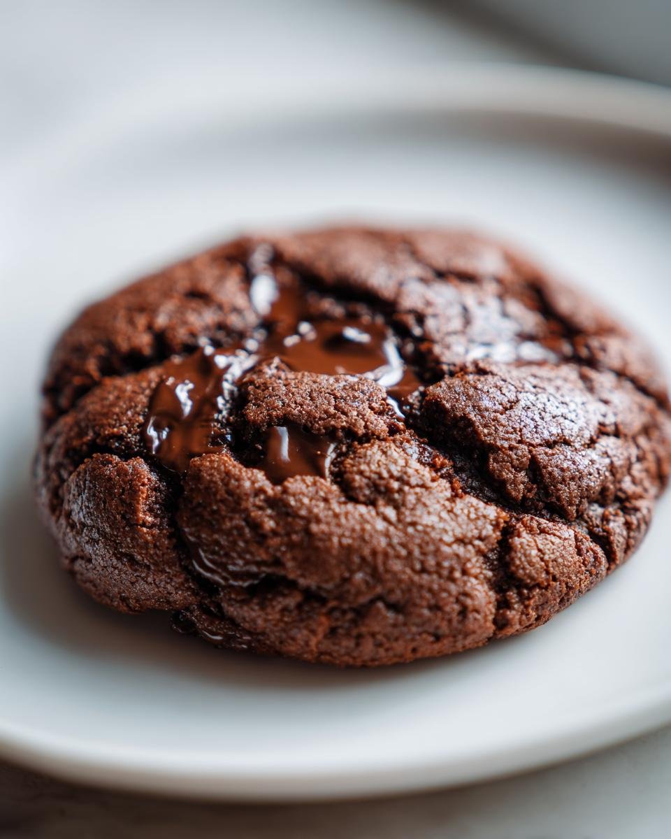 Close-up of a rich, dark Double Chocolate Chip Cookie with melted chocolate pools on a white plate.