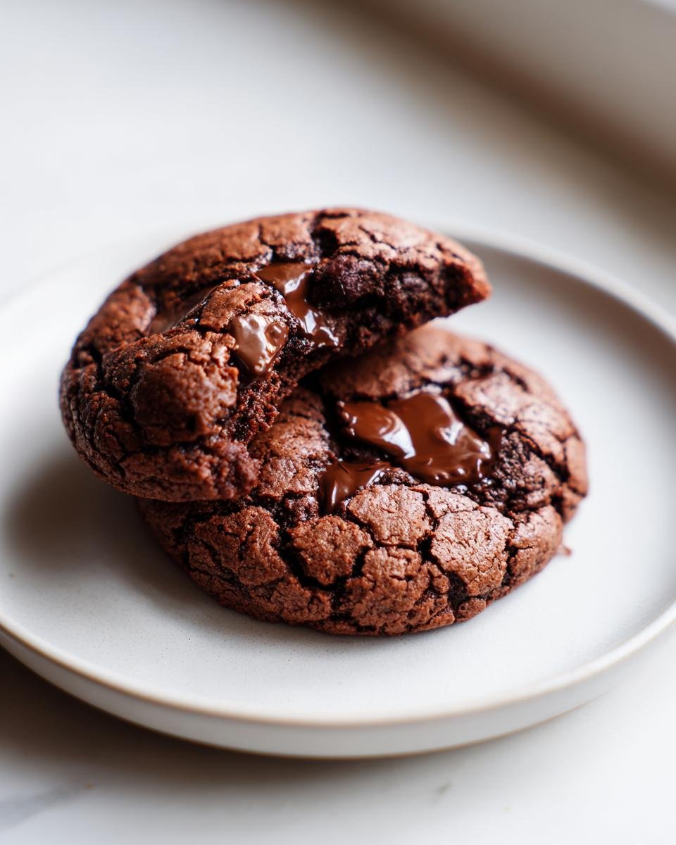 Two rich, fudgy Double Chocolate Chip Cookies stacked on a plate, one broken open showing gooey melted chocolate.