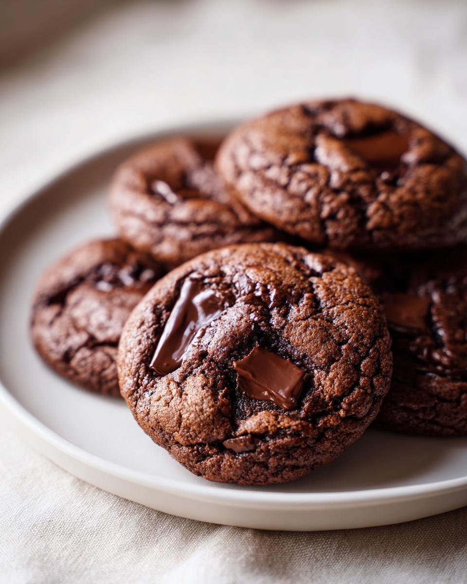 A close-up stack of rich, fudgy Double Chocolate Chip Cookies with melted chocolate chunks on top.
