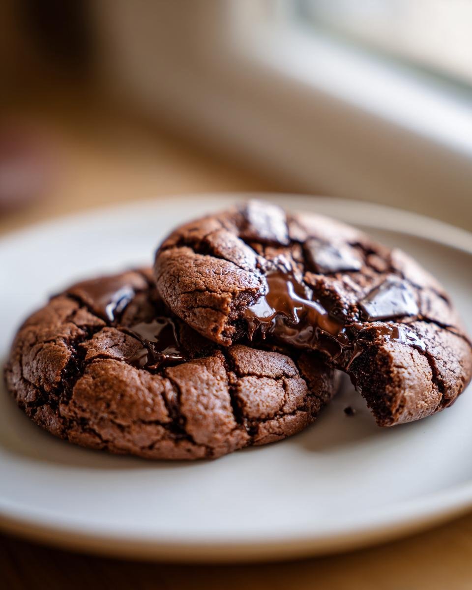 Close-up of two rich, dark Double Chocolate Chip Cookies with gooey, melted chocolate pools.