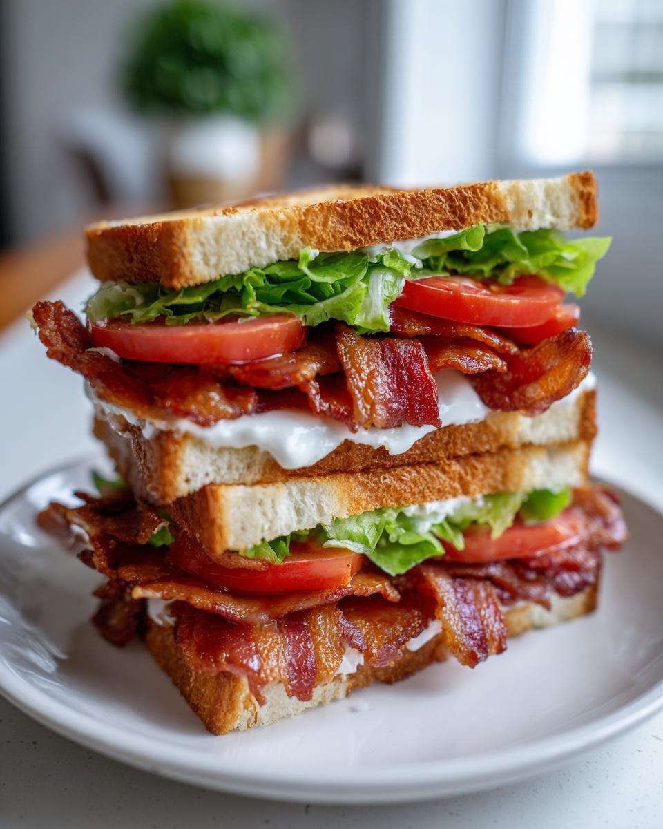 A tall, double-decker BLT Sandwich stacked high with crispy bacon, fresh lettuce, tomato slices, and mayonnaise on toasted bread.